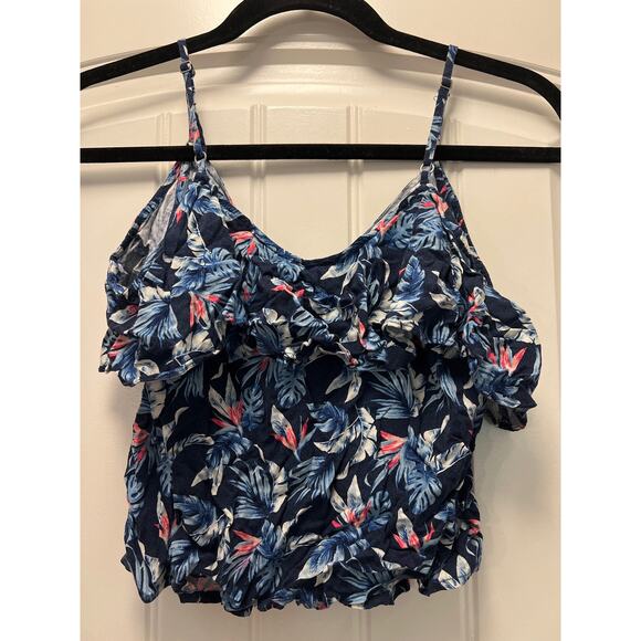 Hollister Women’s Tie Front Sleeveless Hawaiian Summer Floral Top Size XS Blue - Picture 2 of 3